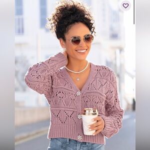 NWOT Lascana Pearl Button Crochet Cardigan Sweater in Mauve size 8-10